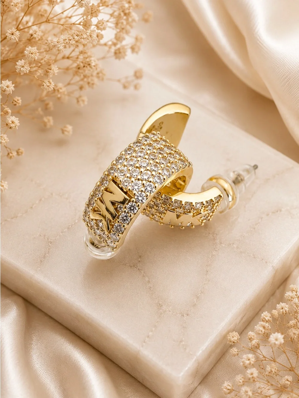 Michael Kors Precious Metal-Plated Sterling Silver Pavé Logo Mini Hoop Earrings